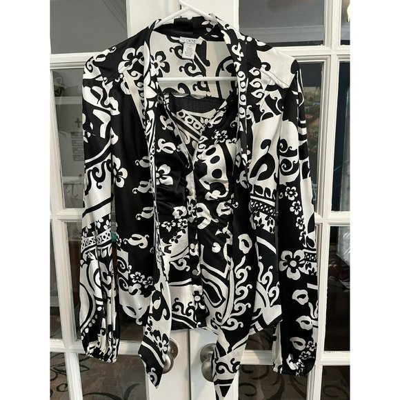 Vintage HTF Womens Small Black White Silk Abstract Blouse Cadve - Picture 1 of 3